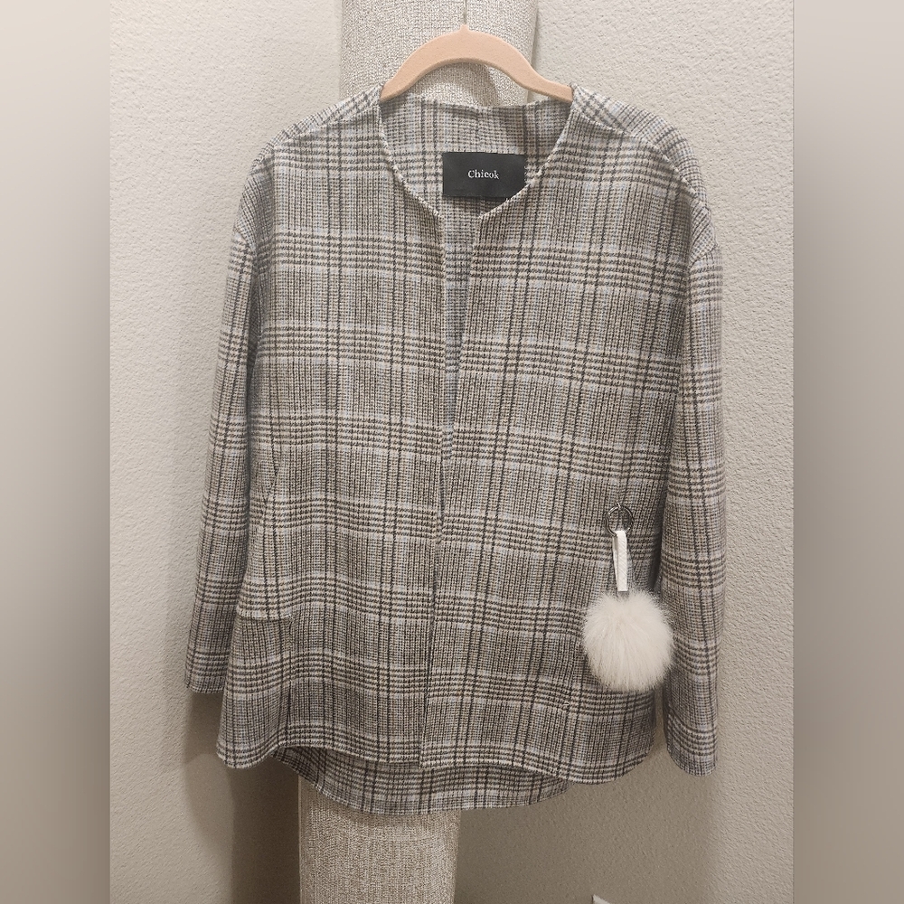 Chic Plaid Wool Jacket with Fur Pom